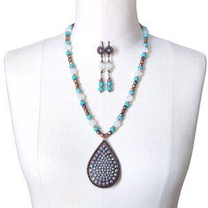 Southwest Beaded Necklace Earrings Set With Vtg Copper Pendant OOAK Handmade 23"
